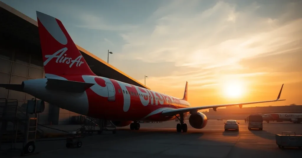 Pesawat Airbus A320neo AirAsia di Lapangan Terbang Antarabangsa Kuala Lumpur (KLIA) Terminal 2, sedia untuk berlepas.