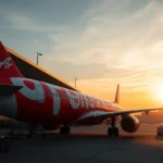 Pesawat Airbus A320neo AirAsia di Lapangan Terbang Antarabangsa Kuala Lumpur (KLIA) Terminal 2, sedia untuk berlepas.