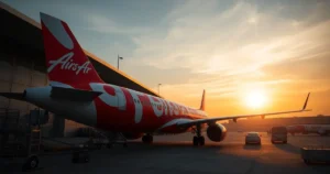 Pesawat Airbus A320neo AirAsia di Lapangan Terbang Antarabangsa Kuala Lumpur (KLIA) Terminal 2, sedia untuk berlepas.