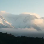Pemandangan puncak Mytikas dan Stefani di Gunung Olympus, Greece, dilitupi sinaran matahari pagi.
