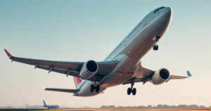 Pesawat Airbus A330-200 sedang berlepas, melambangkan pengembangan laluan transatlantik baharu Israir ke Amerika Syarikat.