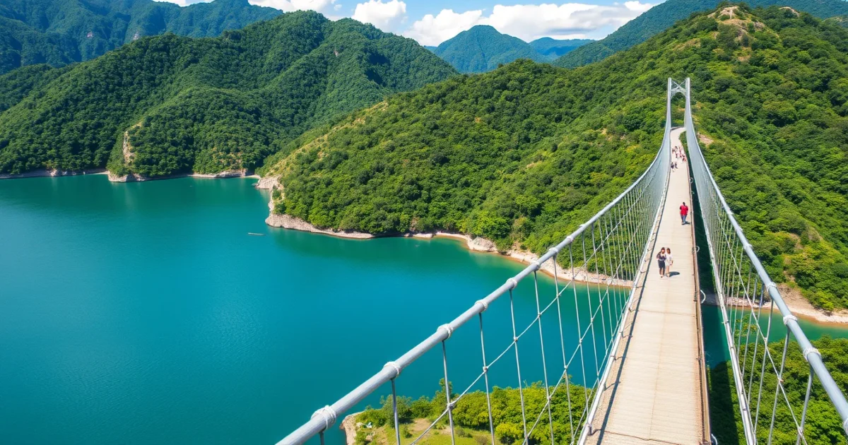 Langkawi Sky Bridge dengan latar belakang gunung Machinchang yang hijau dan langit biru cerah.