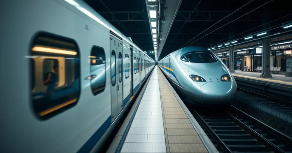 Kereta api Shinkansen Tokaido Lumiere Express berwarna putih biru di stesen pada waktu malam, dengan lampu menyala di dalam gerabak.