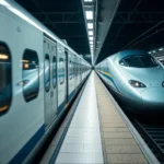 Kereta api Shinkansen Tokaido Lumiere Express berwarna putih biru di stesen pada waktu malam, dengan lampu menyala di dalam gerabak.